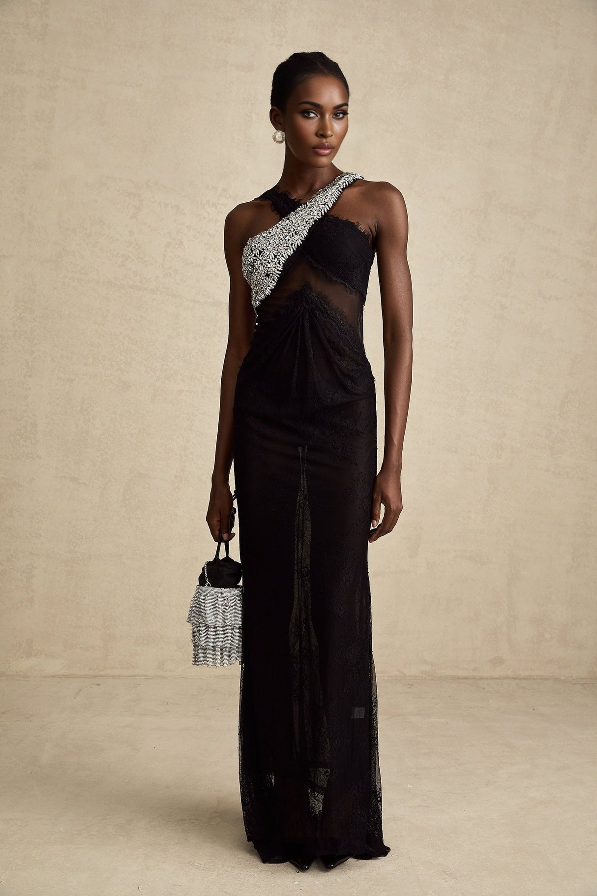 Marta Maxi Dress in Black - Asymmetrical Crossover Style with Lace Overlay & Crystal Embellishments