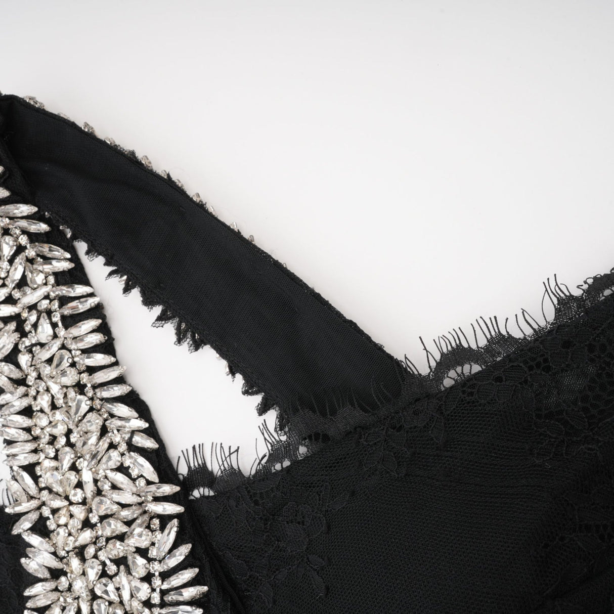 Marta Maxi Dress in Black - Asymmetrical Crossover Style with Lace Overlay & Crystal Embellishments