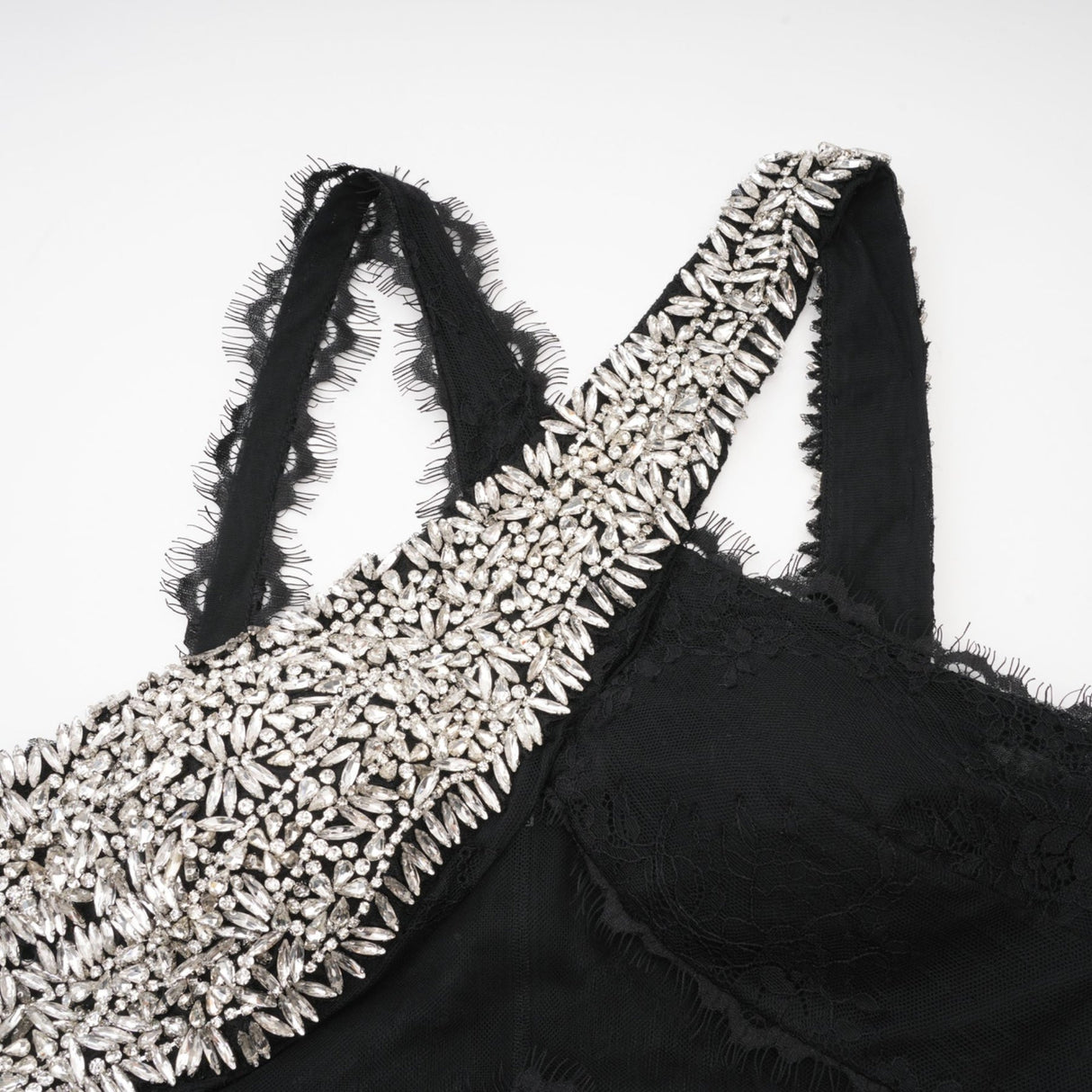 Marta Maxi Dress in Black - Asymmetrical Crossover Style with Lace Overlay & Crystal Embellishments