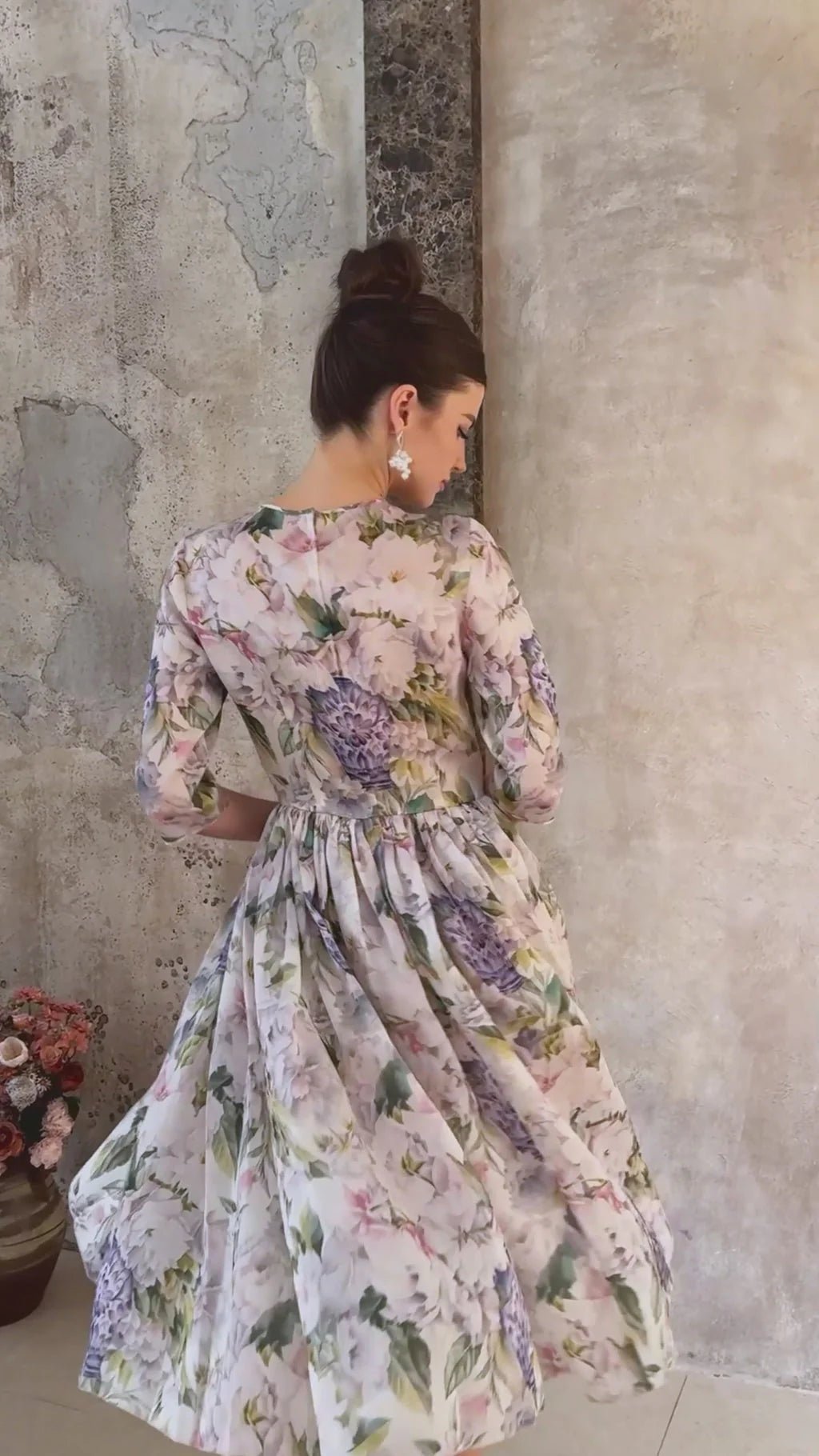 Marta Midi Dress Floral Print Shirred Flounce Hem Calf Length