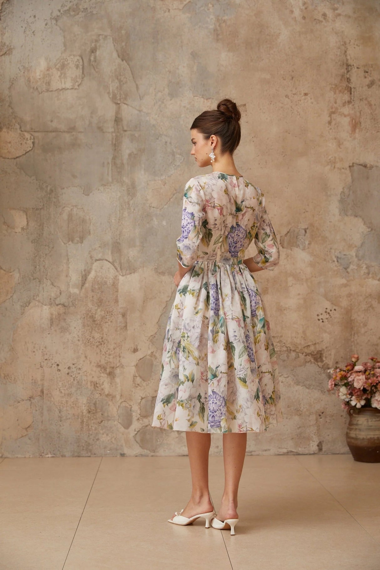 Marta Midi Dress Floral Print Shirred Flounce Hem Calf Length