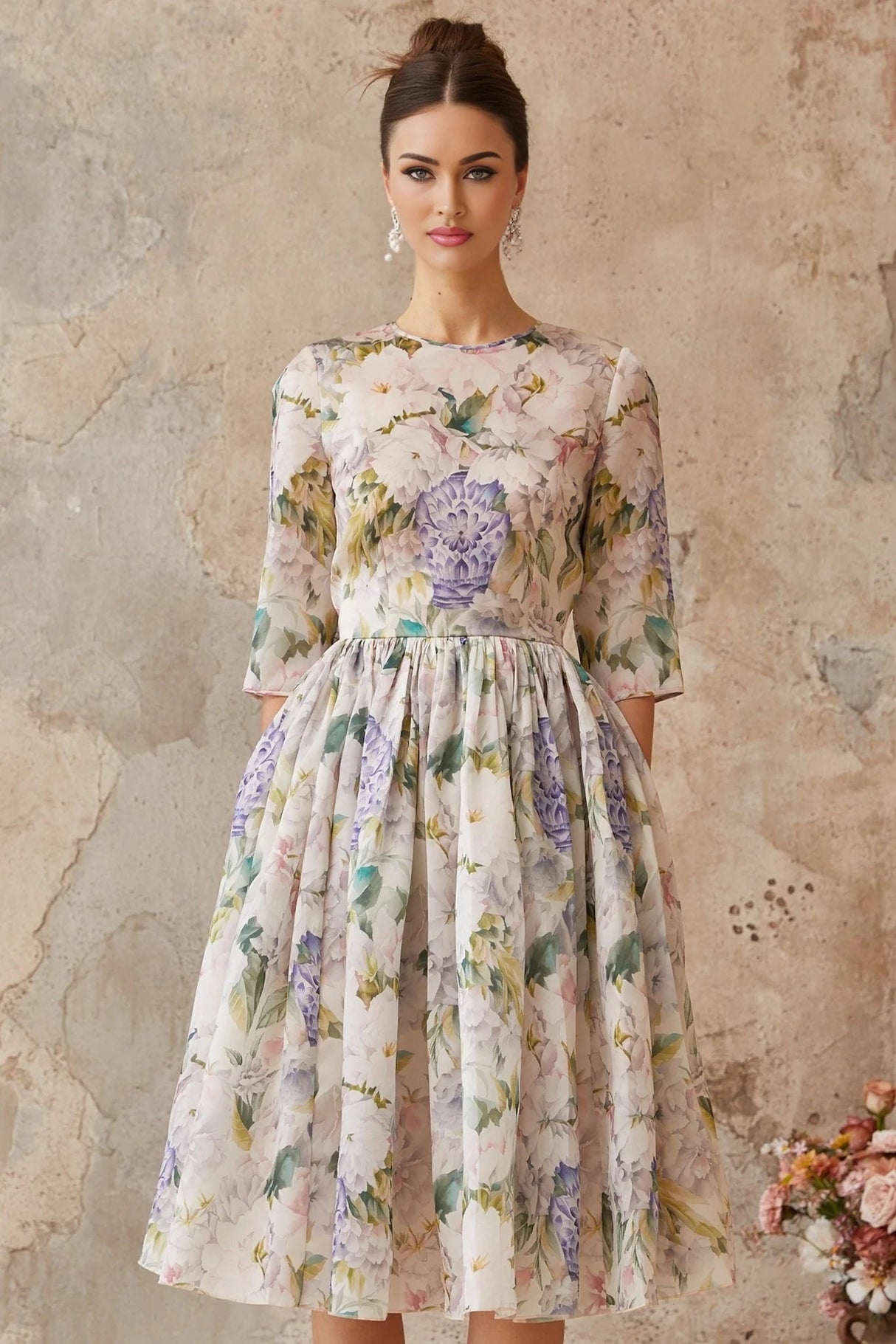 Marta Midi Dress Floral Print Shirred Flounce Hem Calf Length