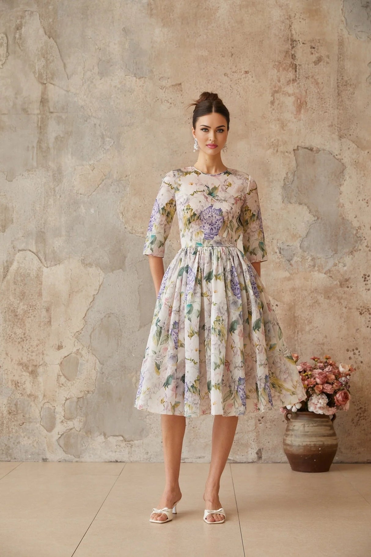 Marta Midi Dress Floral Print Shirred Flounce Hem Calf Length