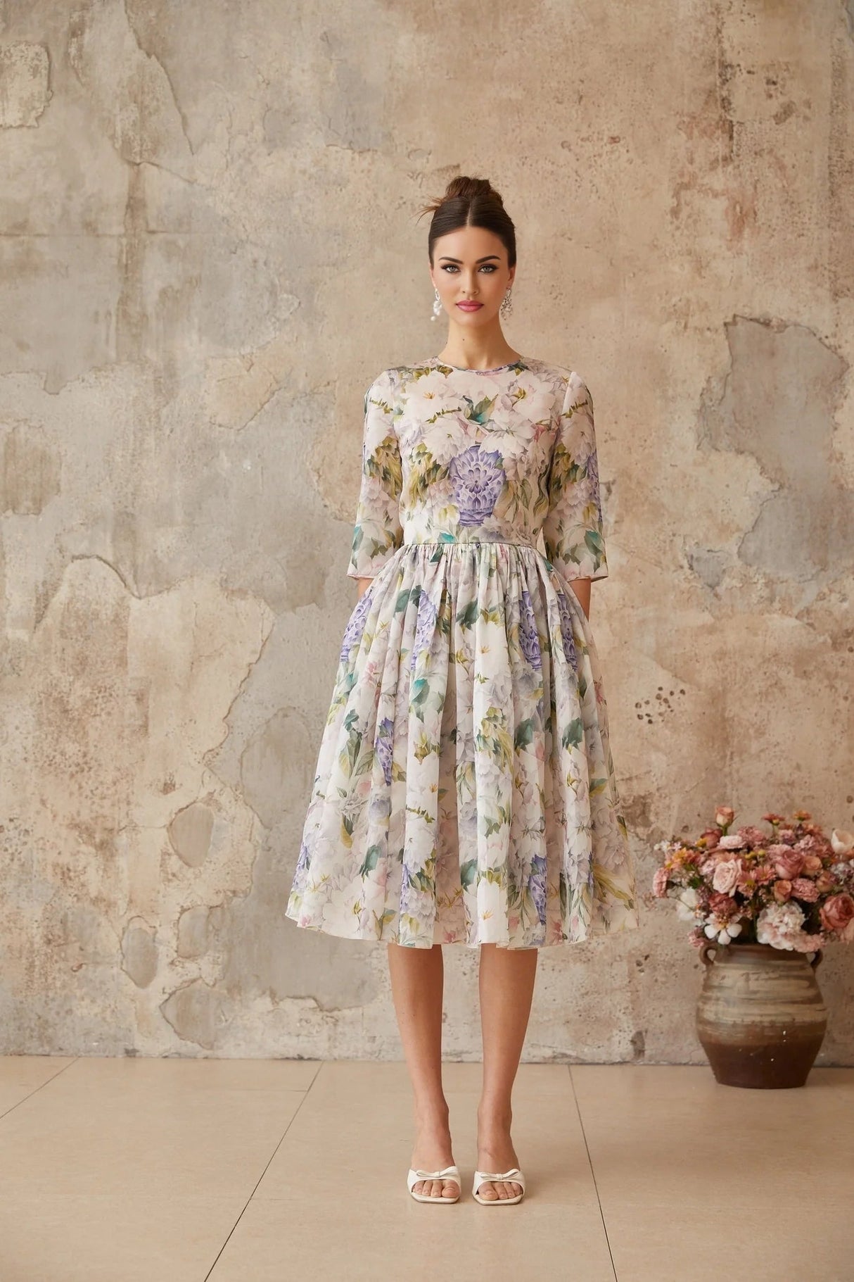 Marta Midi Dress Floral Print Shirred Flounce Hem Calf Length