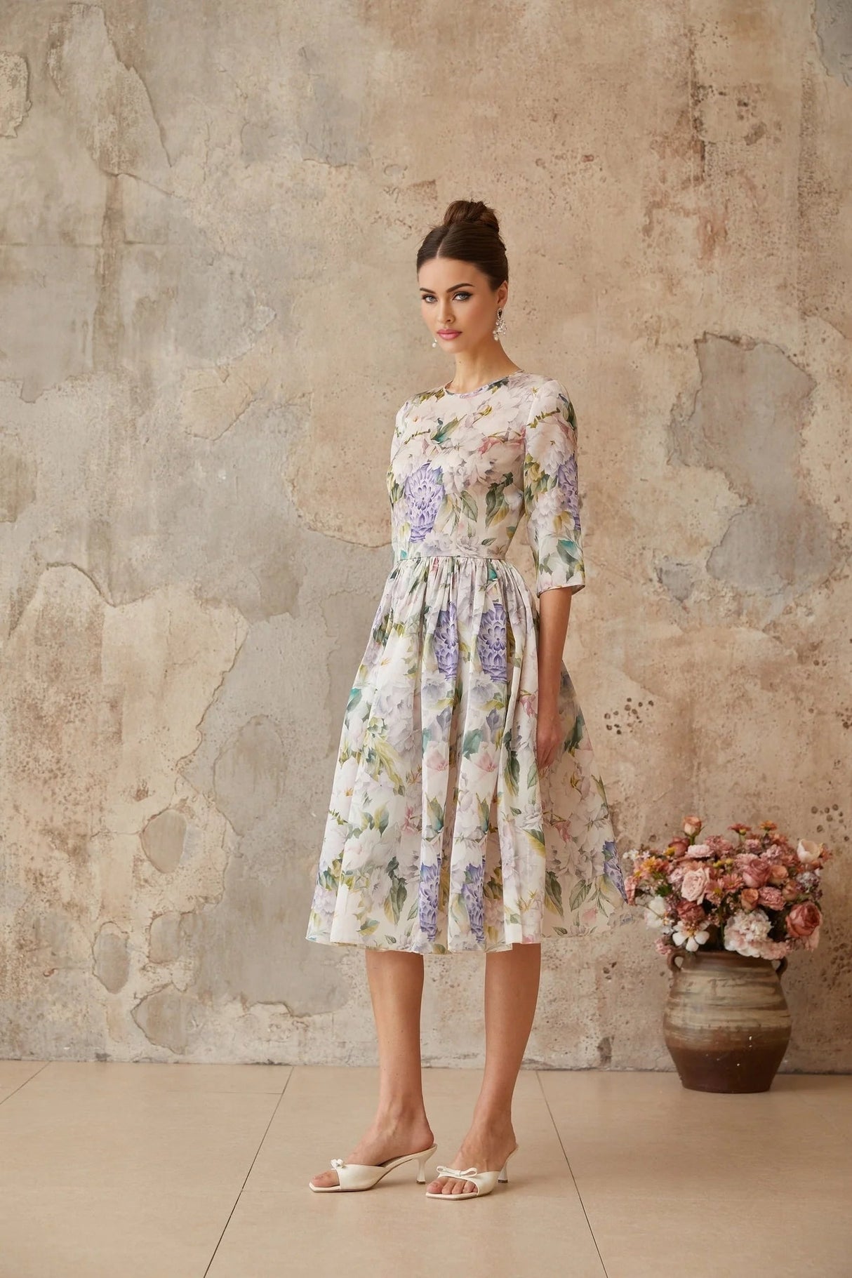 Marta Midi Dress Floral Print Shirred Flounce Hem Calf Length