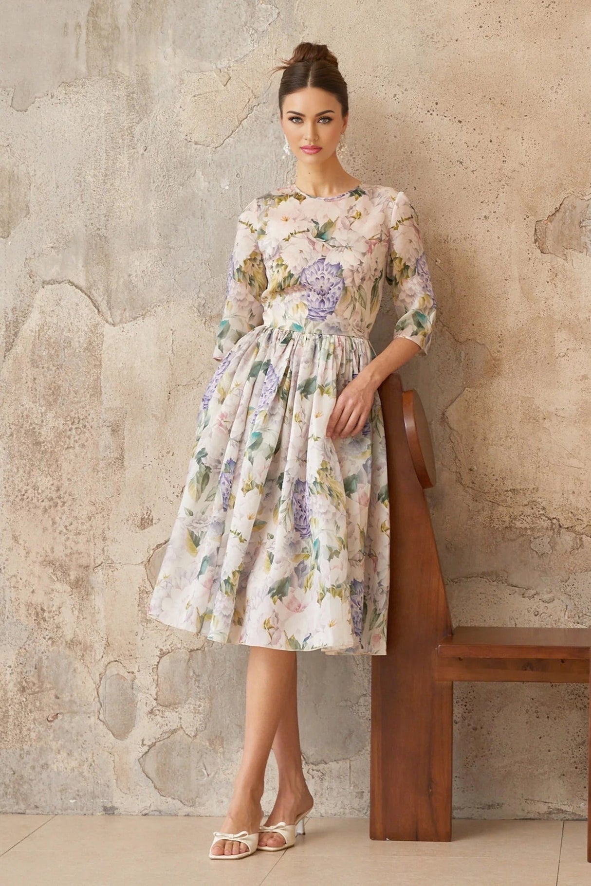 Marta Midi Dress Floral Print Shirred Flounce Hem Calf Length