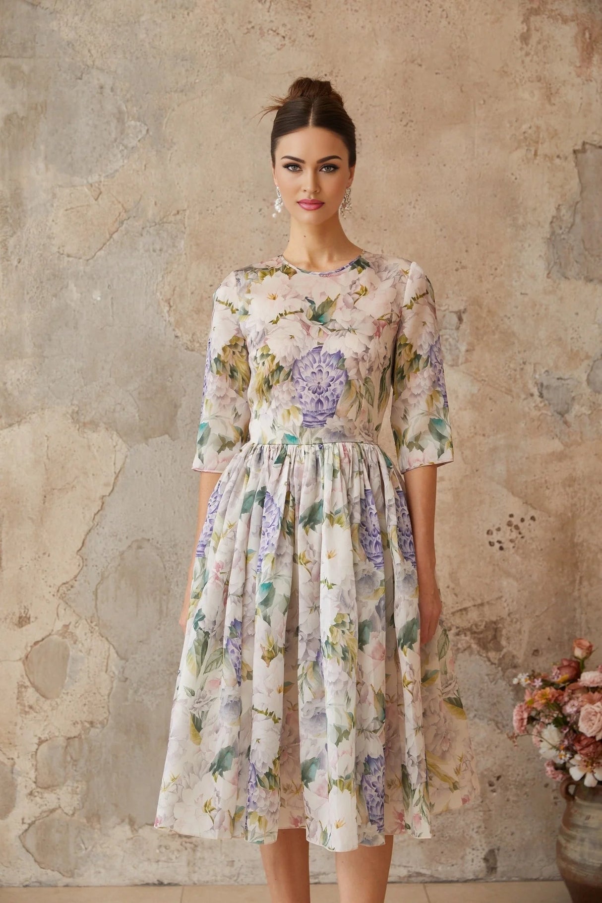 Marta Midi Dress Floral Print Shirred Flounce Hem Calf Length