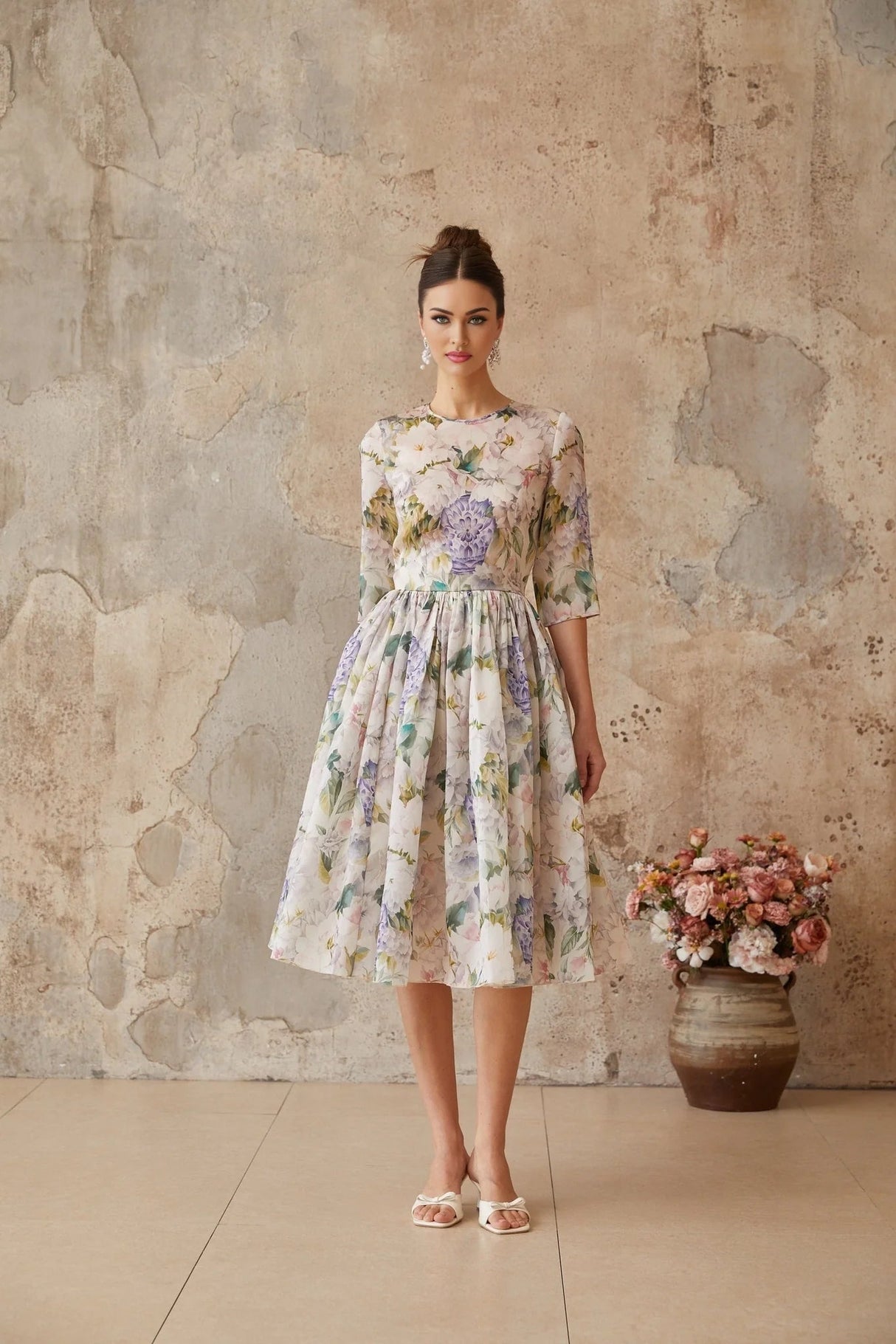 Marta Midi Dress Floral Print Shirred Flounce Hem Calf Length