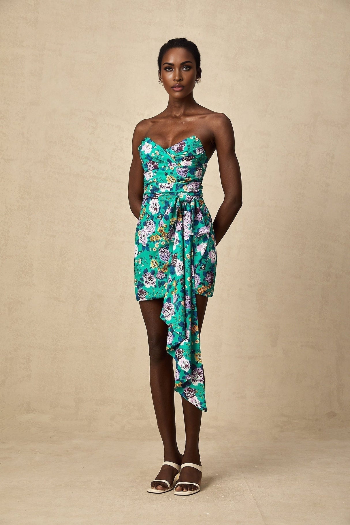 Marta Mini Dress Green Floral Off Shoulder Bow Ribbon Chic Bouquet