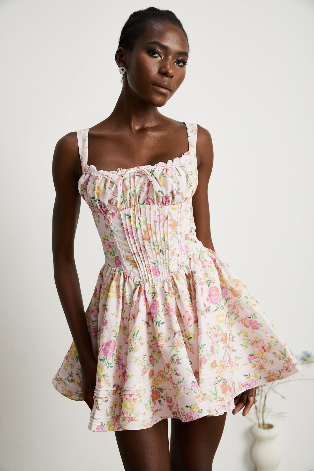 Marta Mini Dress Pink Floral Corset Pleat Tie Zip