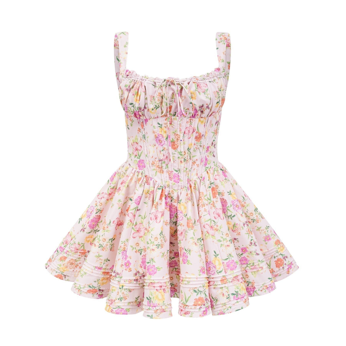 Marta Mini Dress Pink Floral Corset Pleat Tie Zip