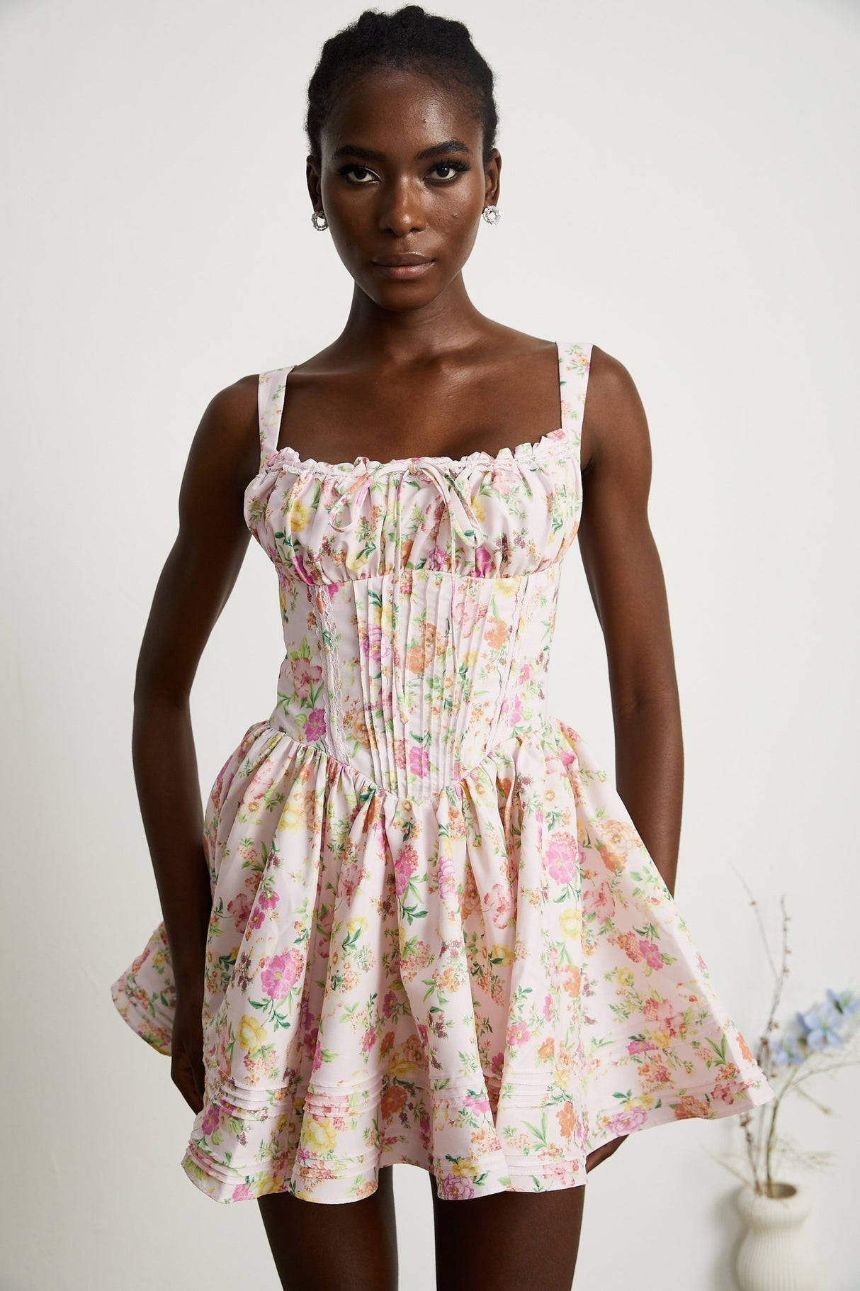 Marta Mini Dress Pink Floral Corset Pleat Tie Zip