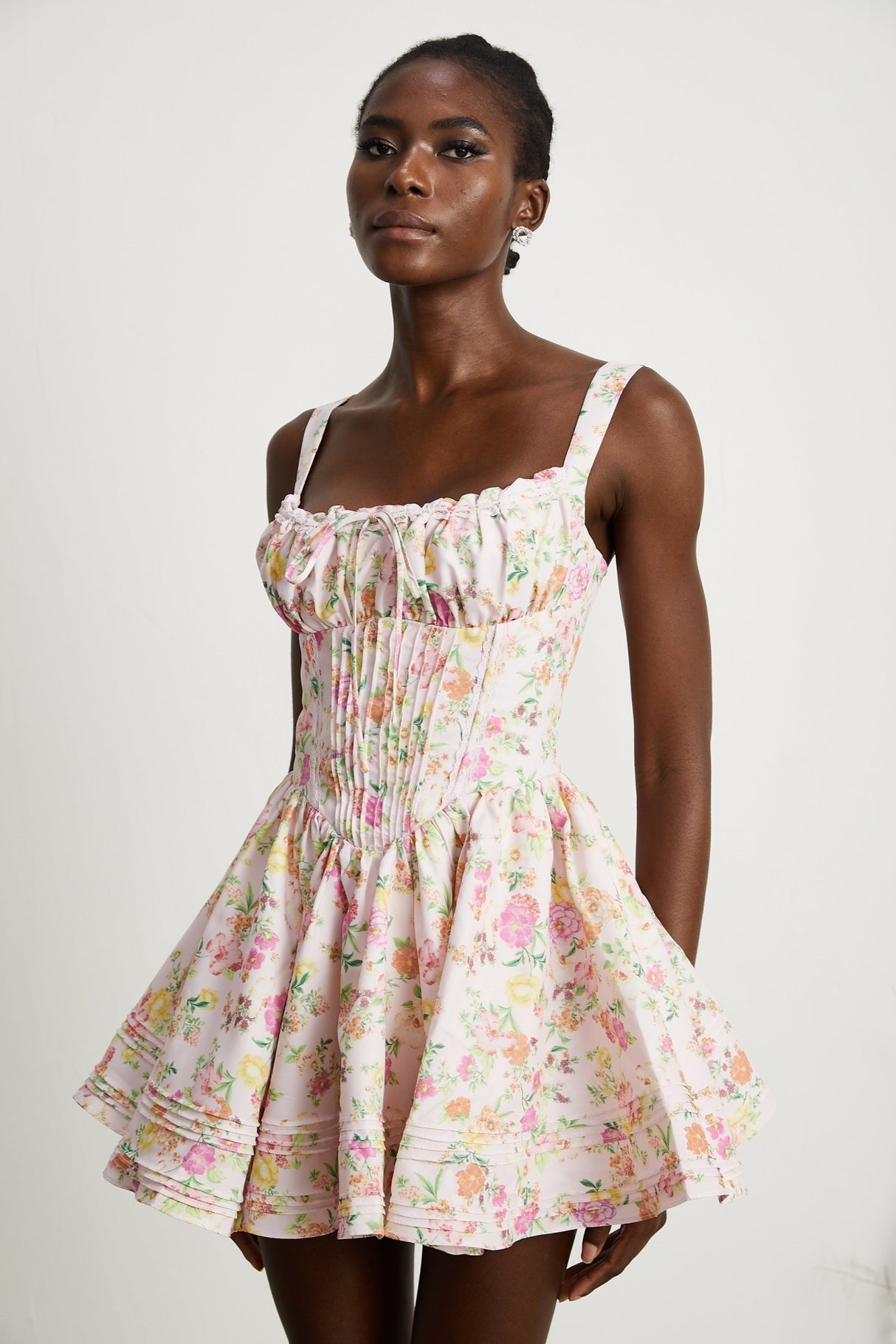 Marta Mini Dress Pink Floral Corset Pleat Tie Zip
