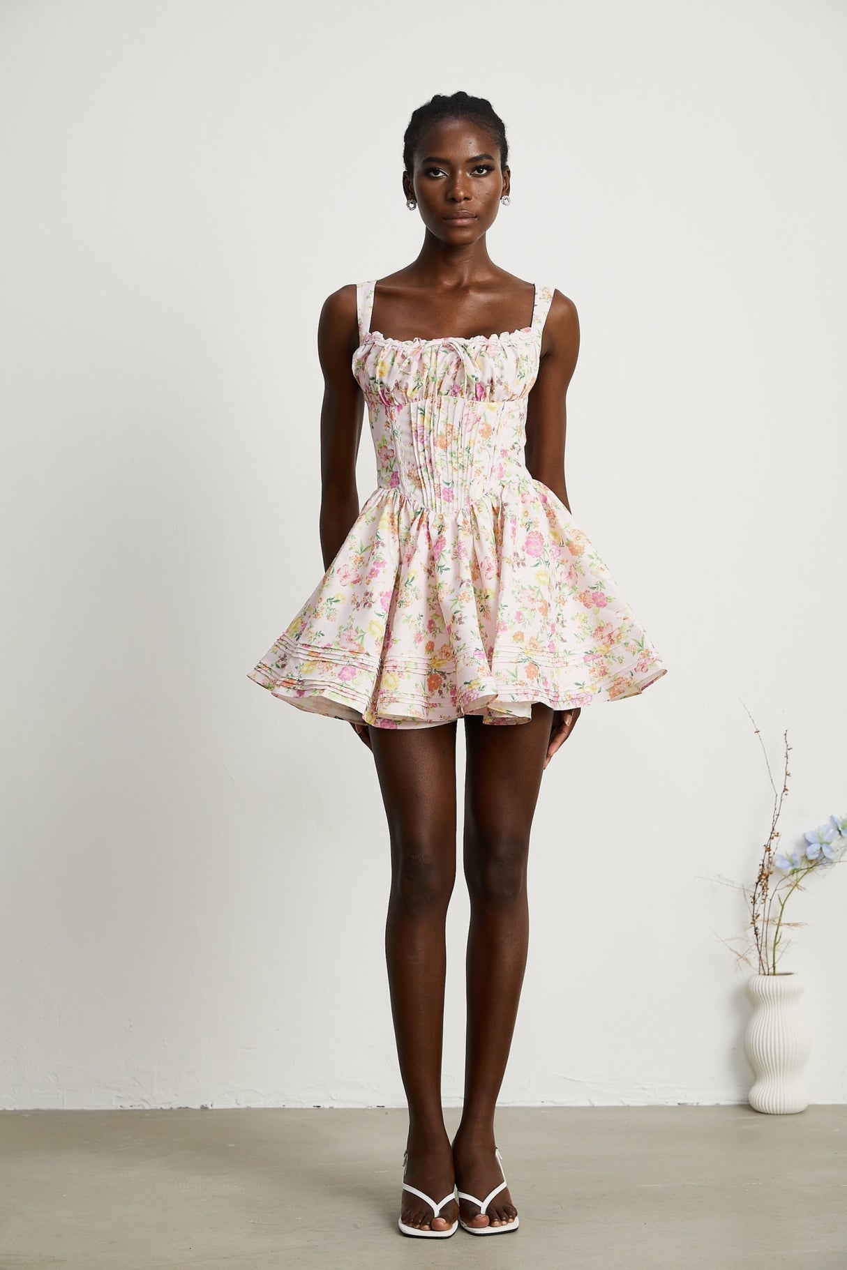 Marta Mini Dress Pink Floral Corset Pleat Tie Zip