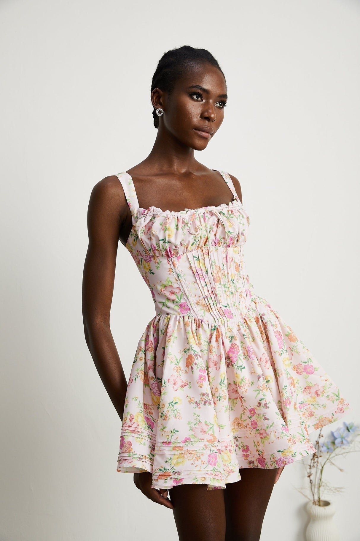 Marta Mini Dress Pink Floral Corset Pleat Tie Zip