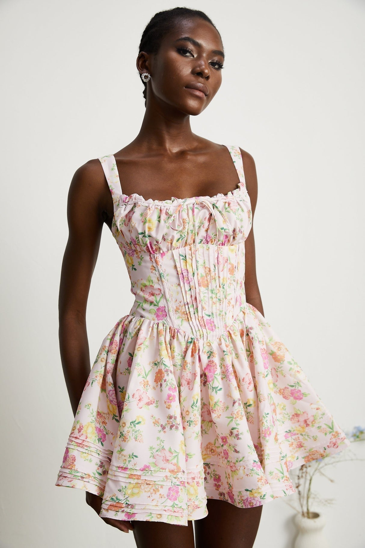 Marta Mini Dress Pink Floral Corset Pleat Tie Zip