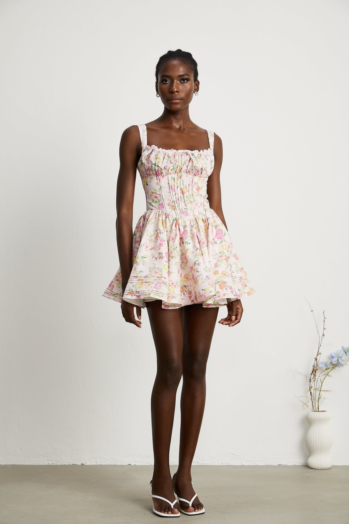 Marta Mini Dress Pink Floral Corset Pleat Tie Zip