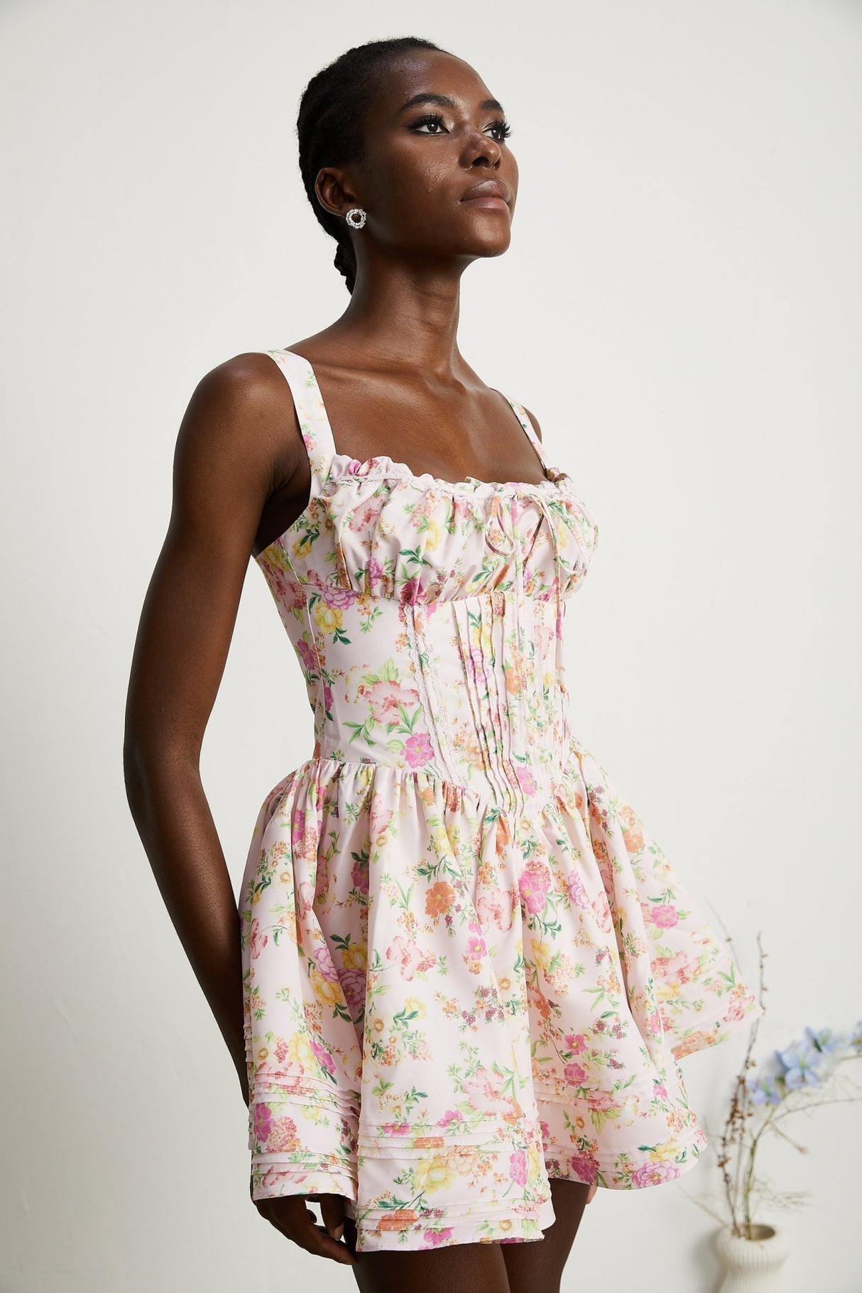 Marta Mini Dress Pink Floral Corset Pleat Tie Zip