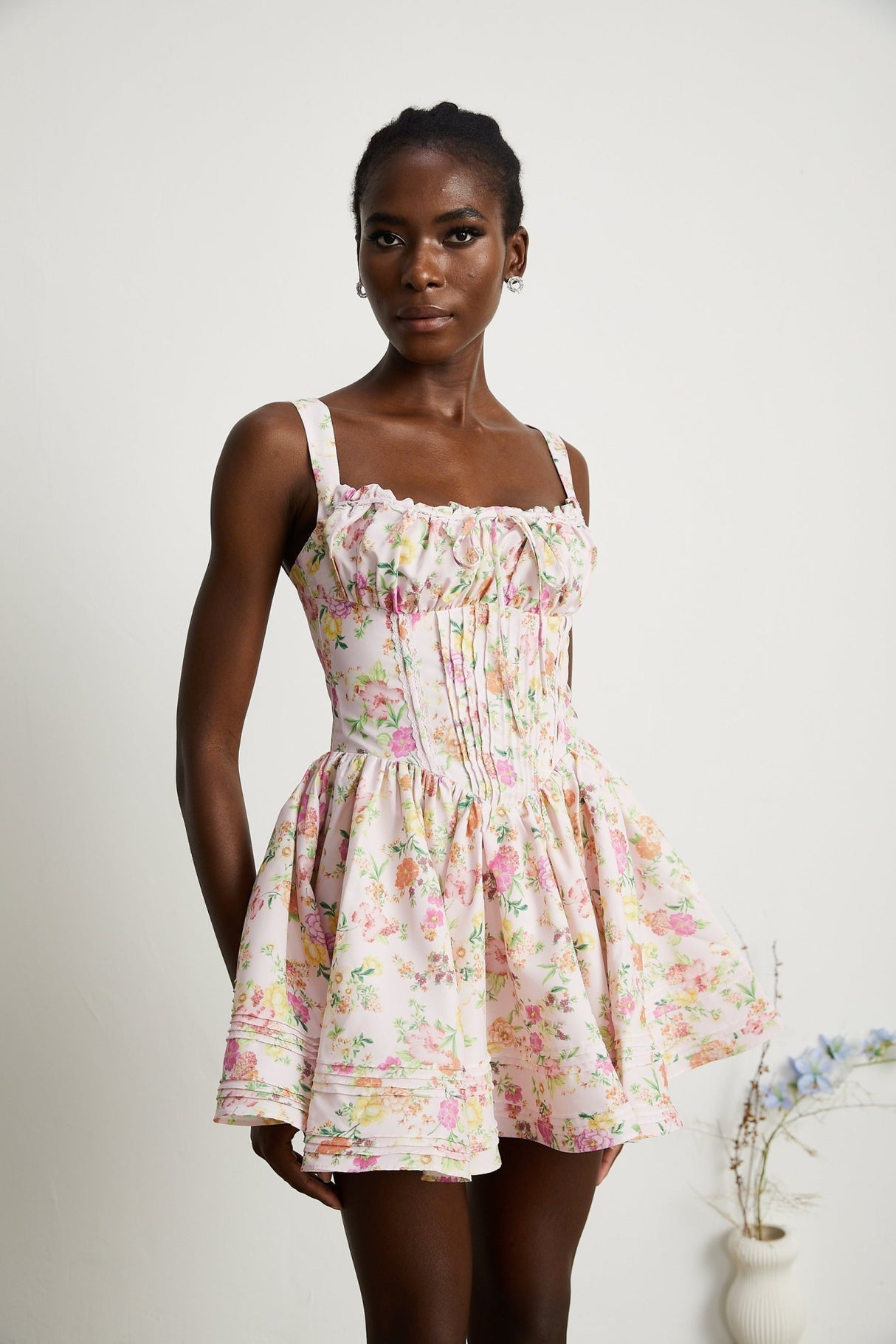 Marta Mini Dress Pink Floral Corset Pleat Tie Zip