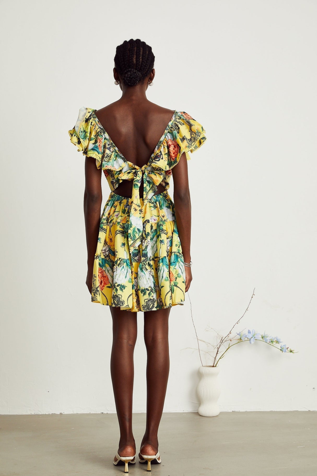 Marta Mini Dress Yellow Floral Ruffle Crystal Embellishments