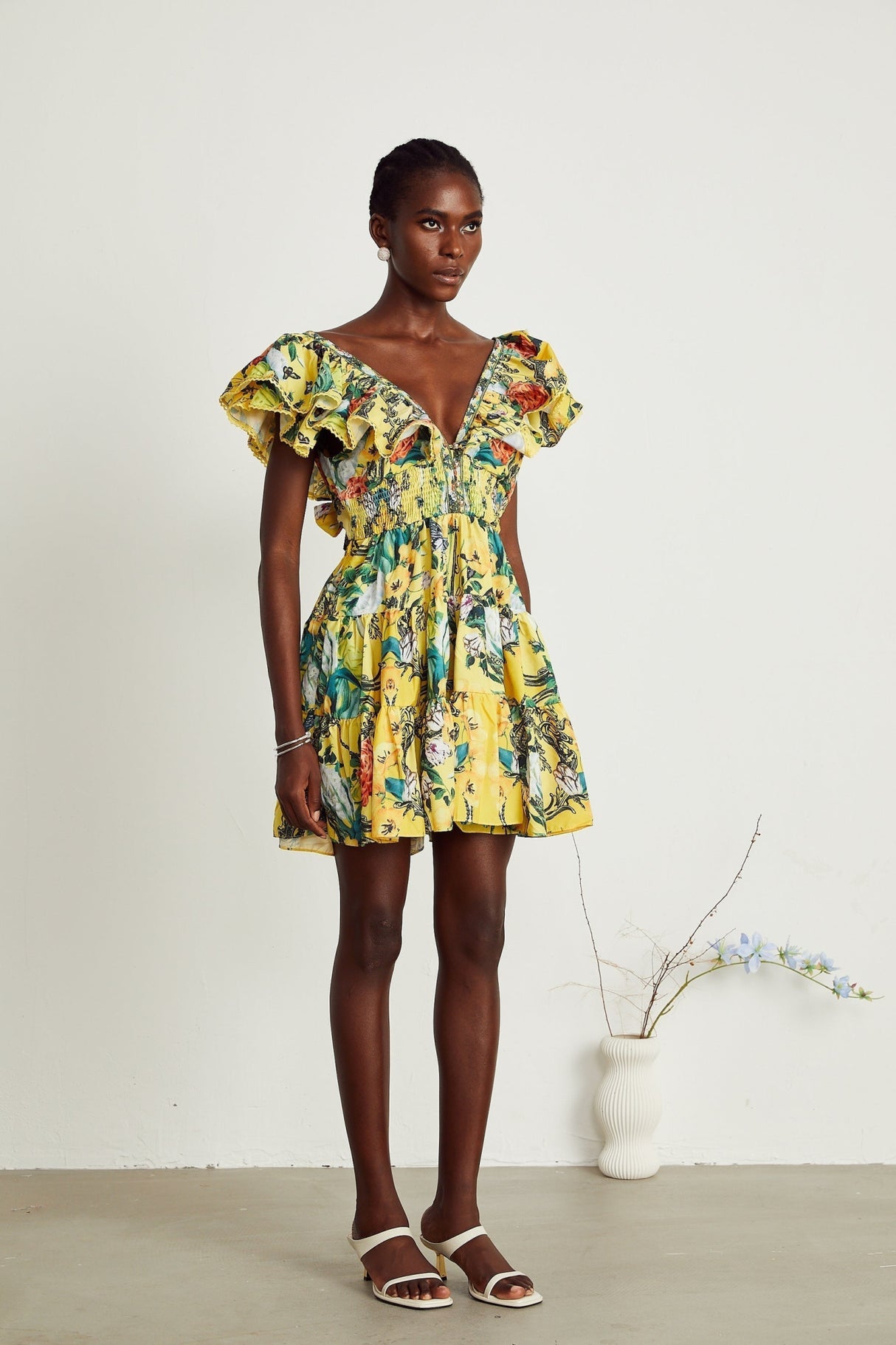 Marta Mini Dress Yellow Floral Ruffle Crystal Embellishments
