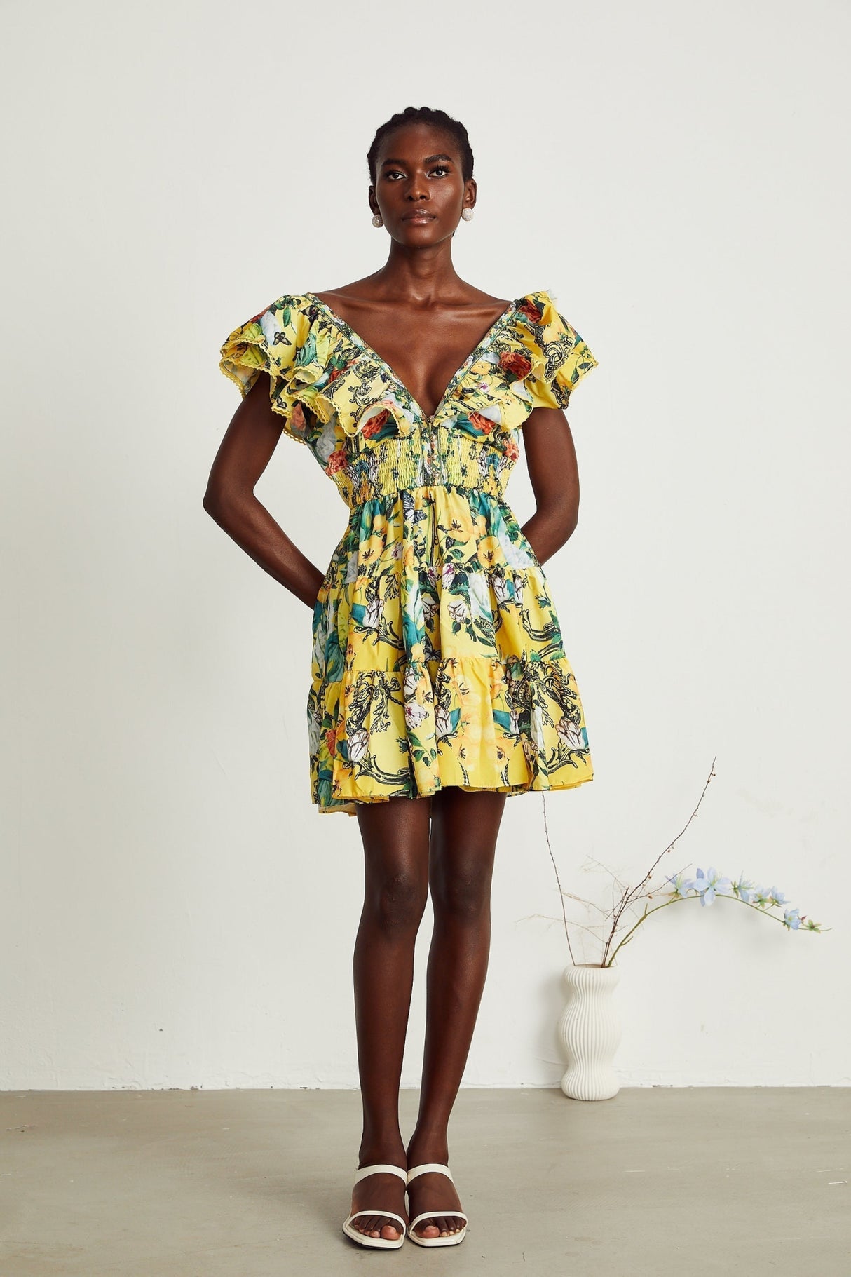 Marta Mini Dress Yellow Floral Ruffle Crystal Embellishments