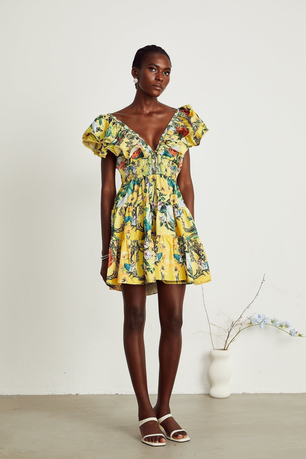 Marta Mini Dress Yellow Floral Ruffle Crystal Embellishments