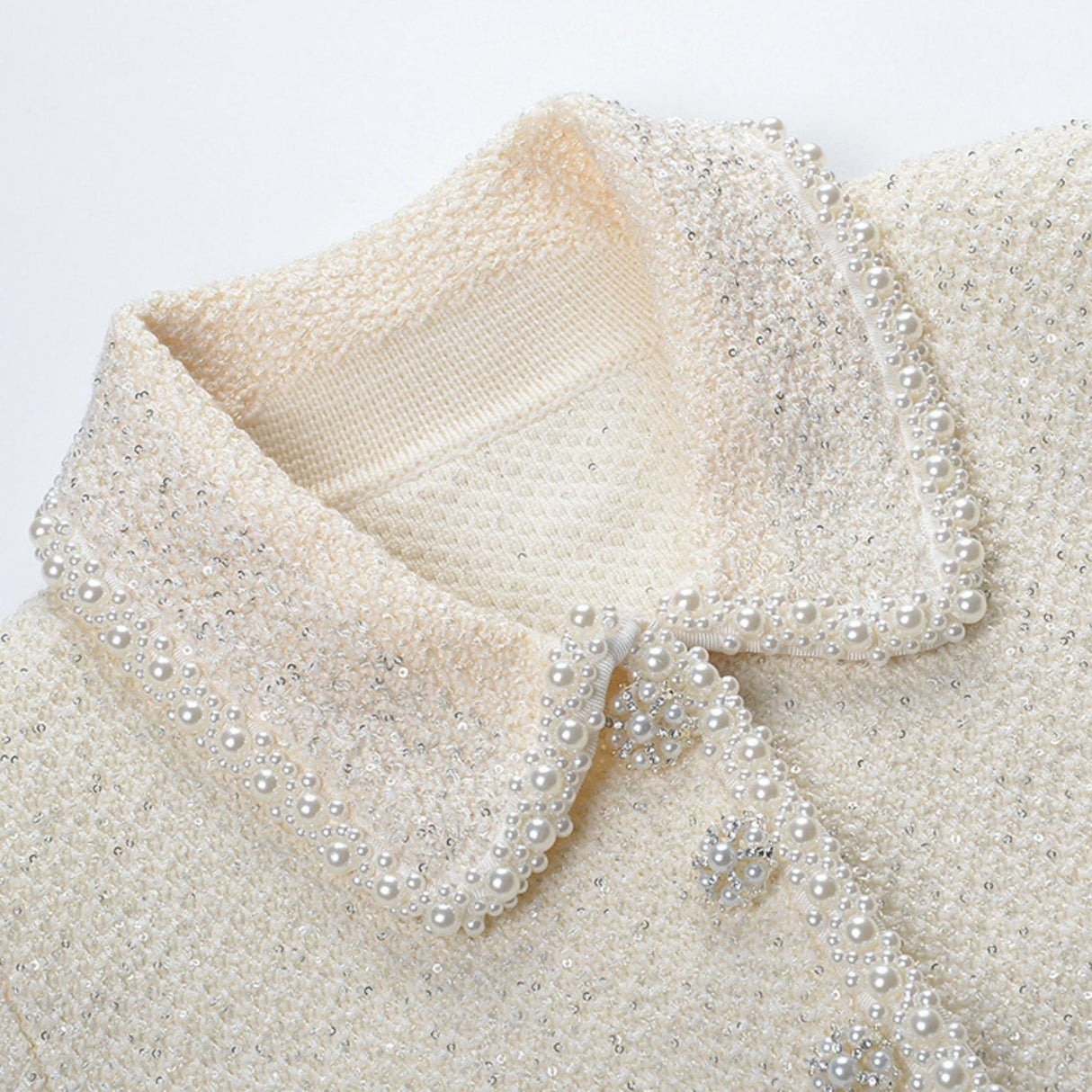 Martina Jacket White Cropped with Faux Pearl & Feather Trim