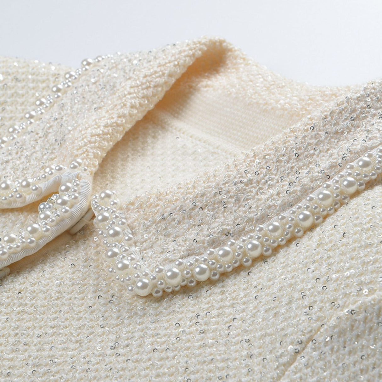 Martina Jacket White Cropped with Faux Pearl & Feather Trim