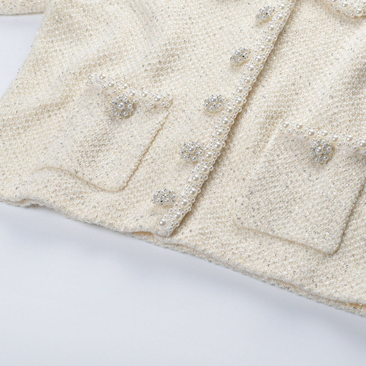 Martina Jacket White Cropped with Faux Pearl & Feather Trim