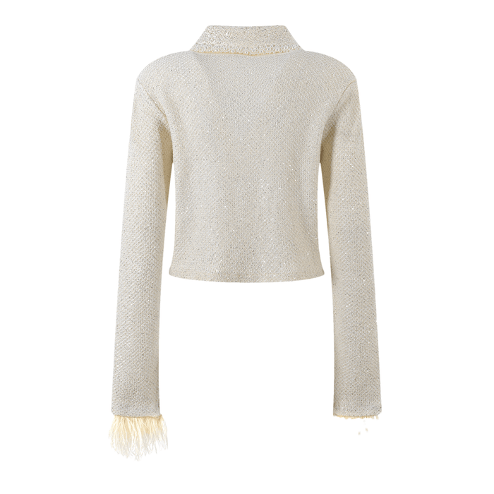 Martina Jacket White Cropped with Faux Pearl & Feather Trim