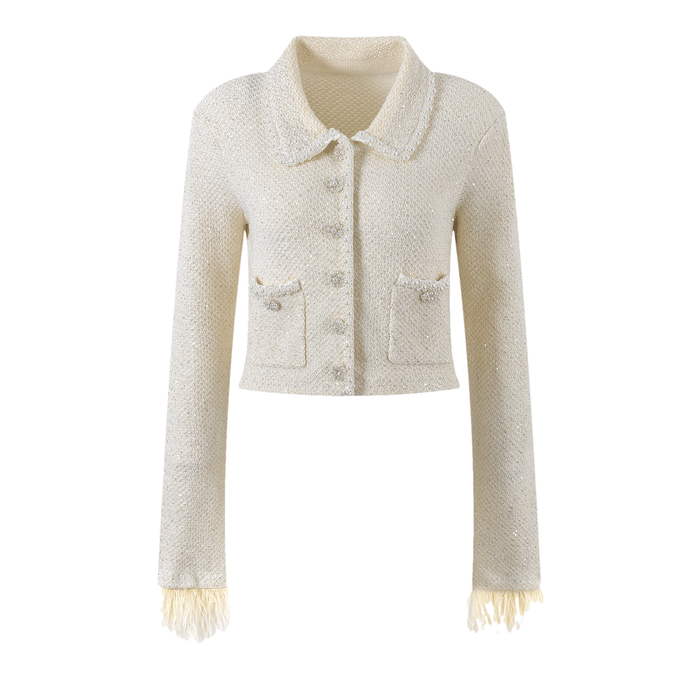 Martina Jacket White Cropped with Faux Pearl & Feather Trim