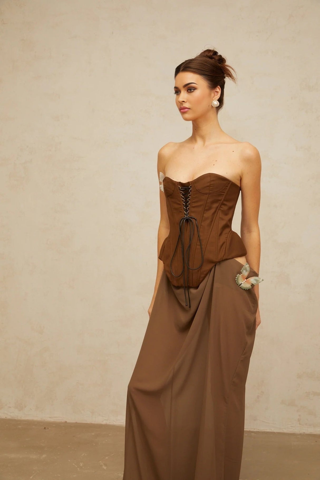 Martina Maxi Dress Brown Butterfly Pin Detail & Lace - Up Corset
