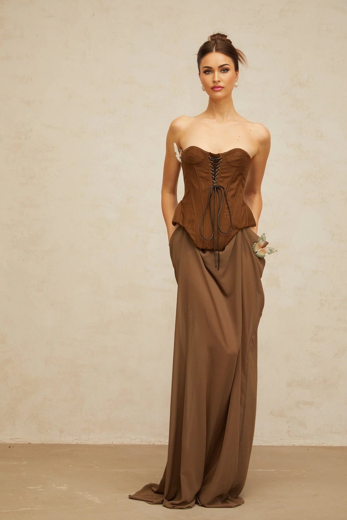 Martina Maxi Dress Brown Butterfly Pin Detail & Lace - Up Corset