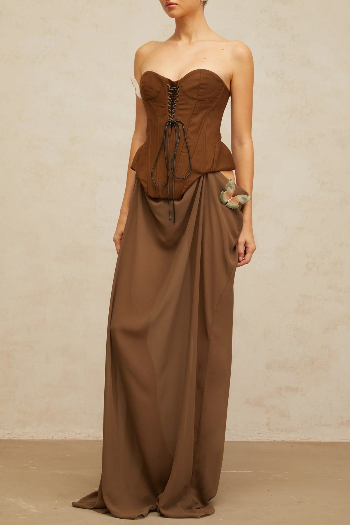 Martina Maxi Dress Brown Butterfly Pin Detail & Lace - Up Corset