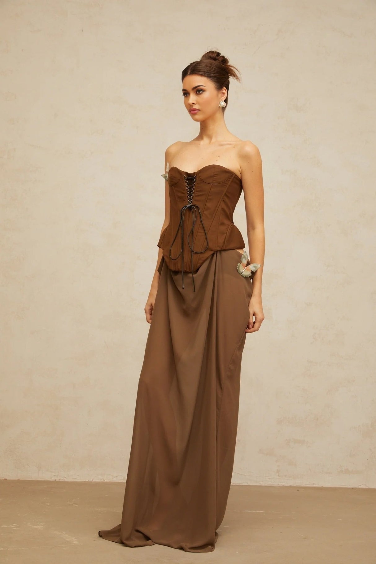 Martina Maxi Dress Brown Butterfly Pin Detail & Lace - Up Corset