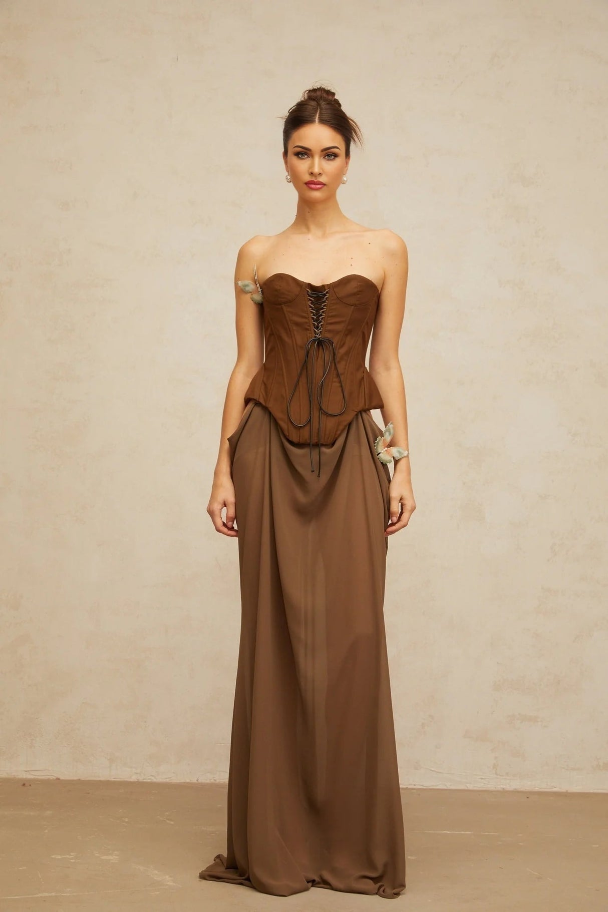 Martina Maxi Dress Brown Butterfly Pin Detail & Lace - Up Corset