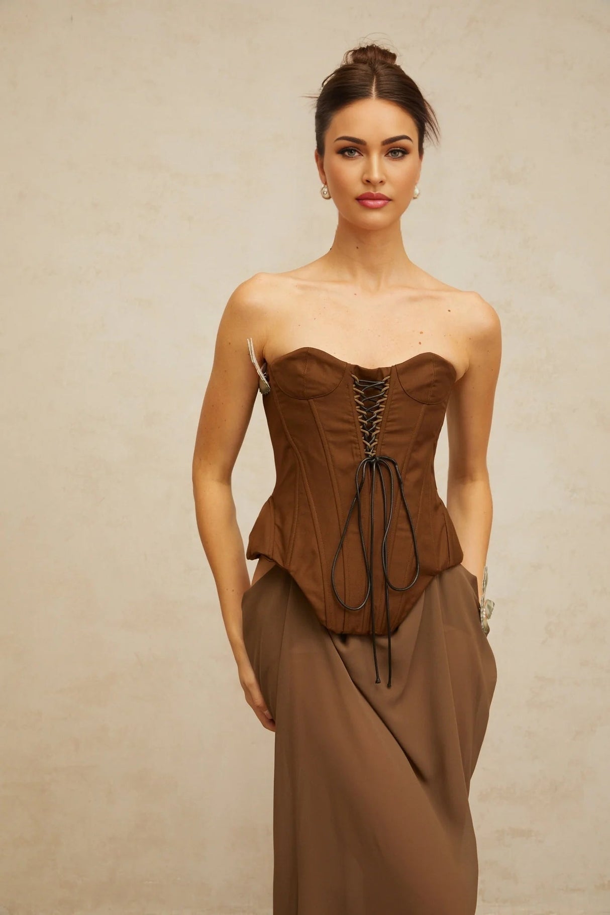 Martina Maxi Dress Brown Butterfly Pin Detail & Lace - Up Corset