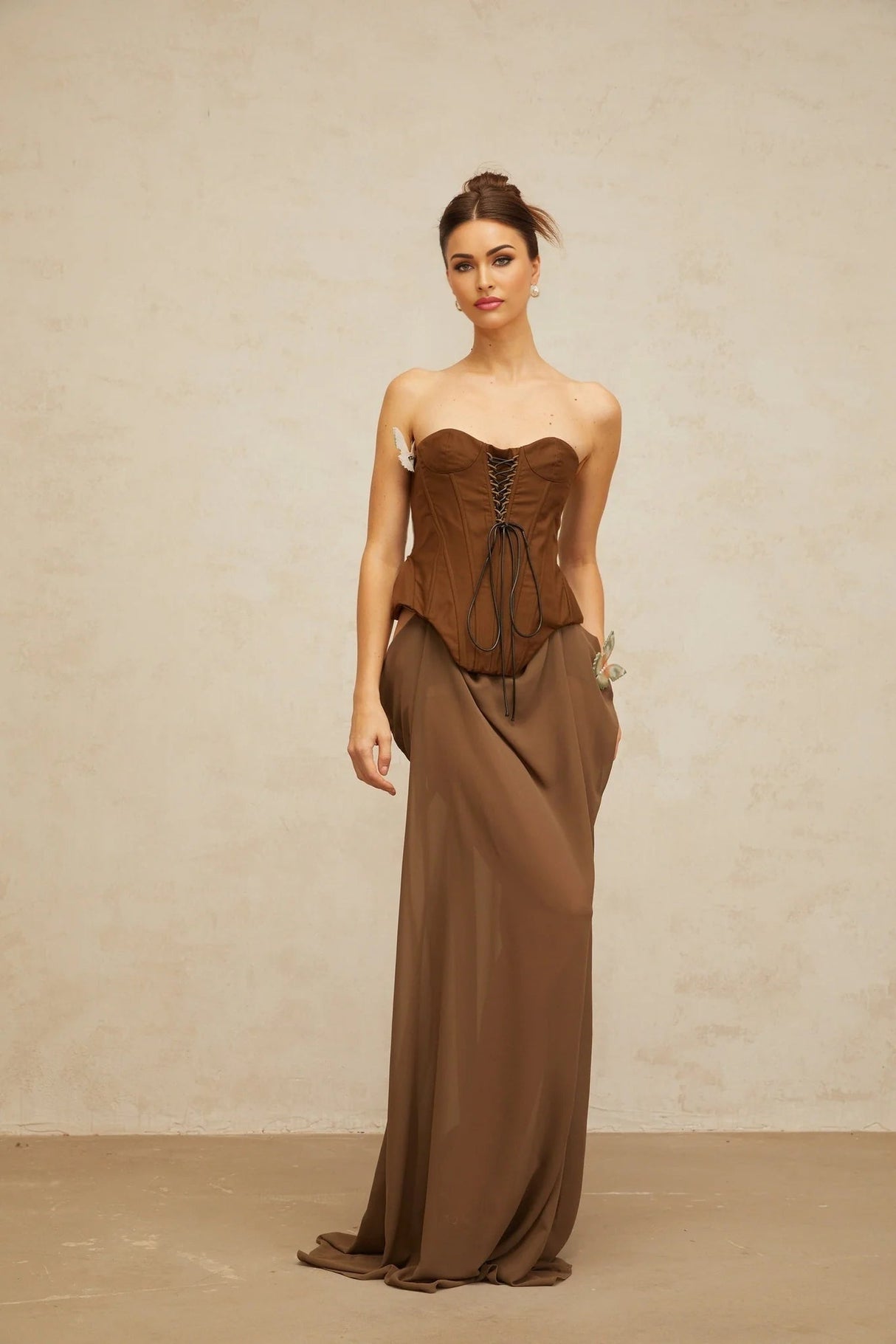Martina Maxi Dress Brown Butterfly Pin Detail & Lace - Up Corset