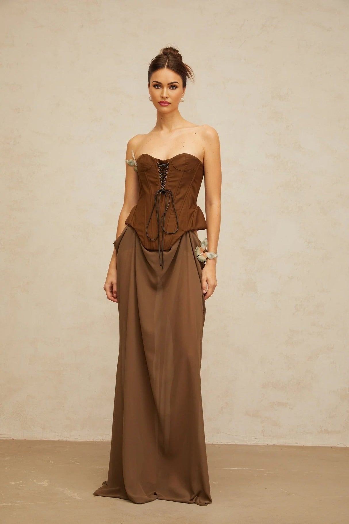 Martina Maxi Dress Brown Butterfly Pin Detail & Lace - Up Corset