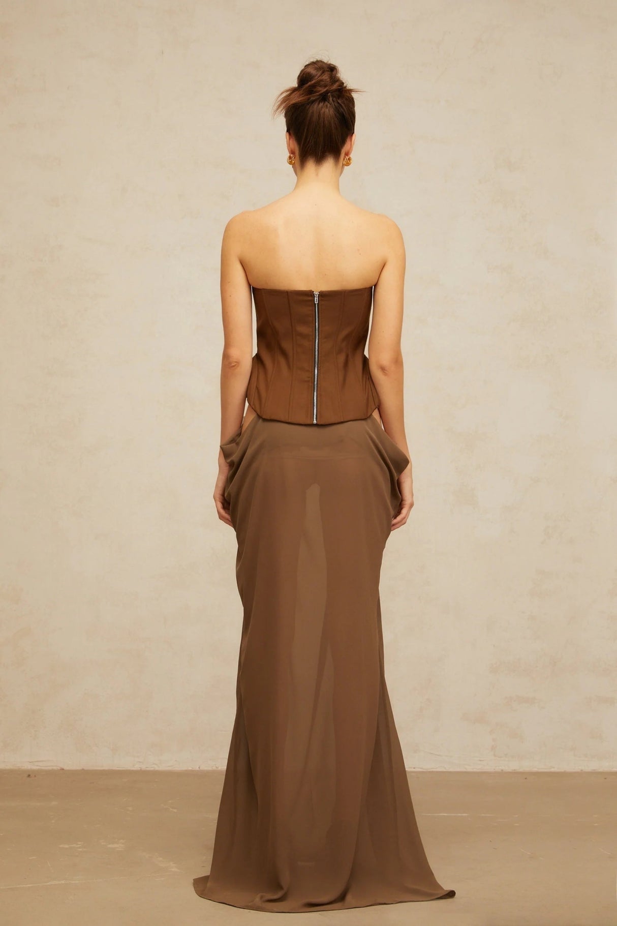 Martina Maxi Dress Brown Butterfly Pin Detail & Lace - Up Corset