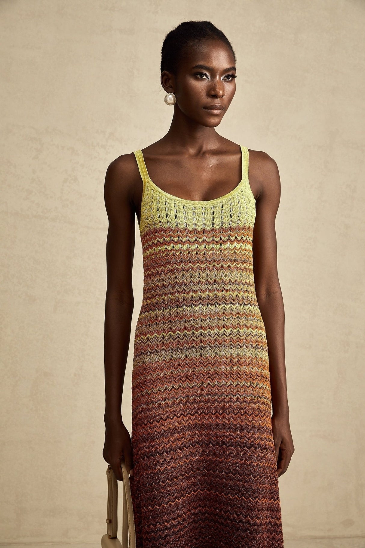 Martina Maxi Dress in Brown Gradient with Spaghetti Straps & Knitted Design