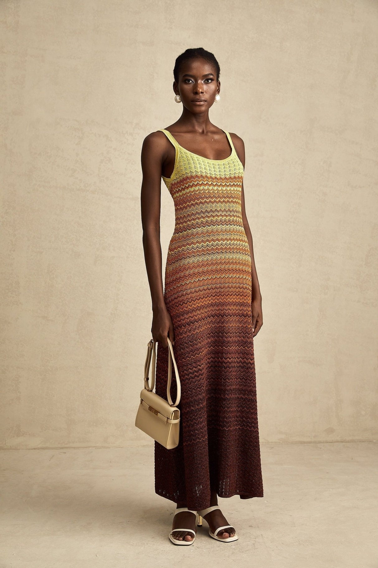 Martina Maxi Dress in Brown Gradient with Spaghetti Straps & Knitted Design