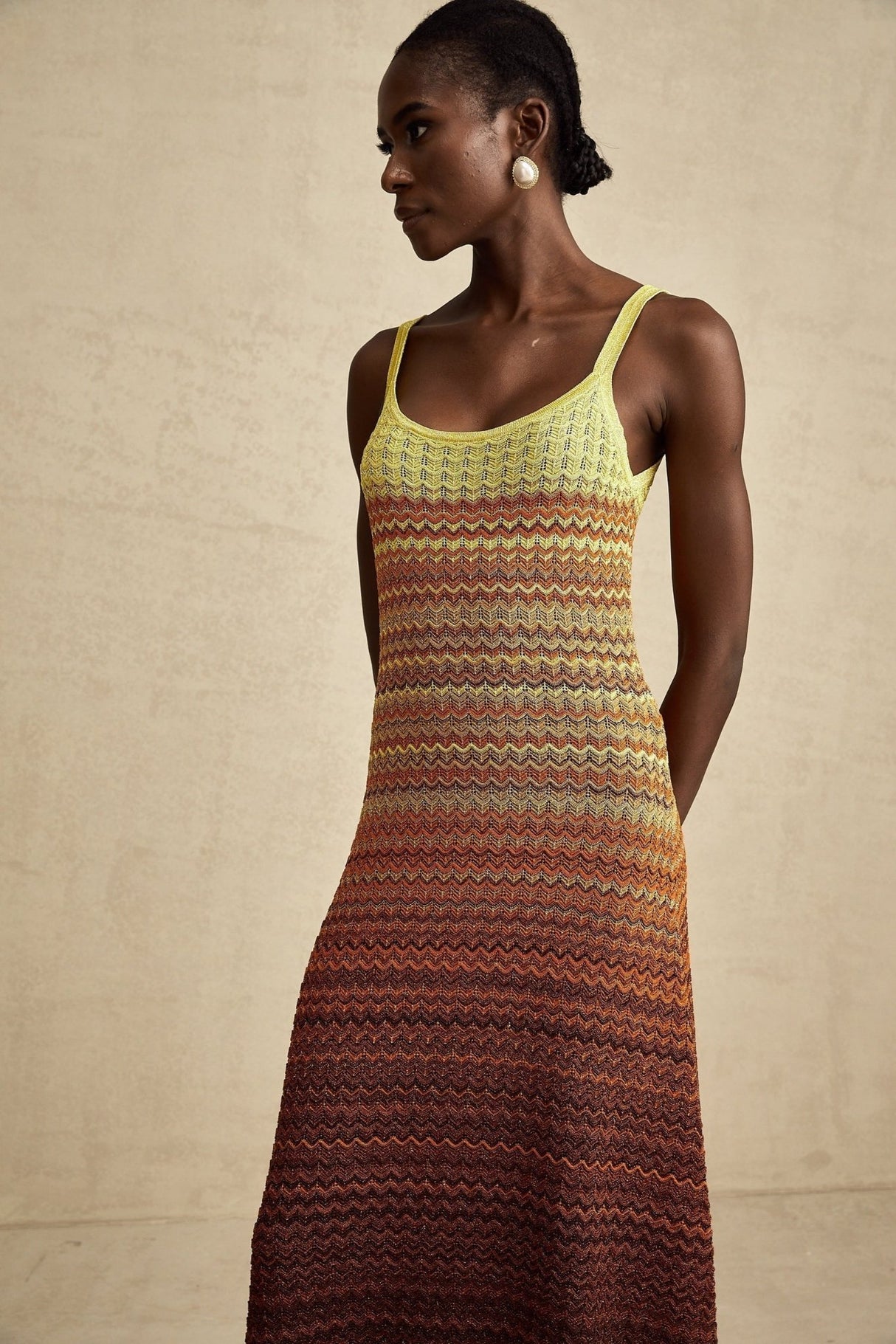 Martina Maxi Dress in Brown Gradient with Spaghetti Straps & Knitted Design