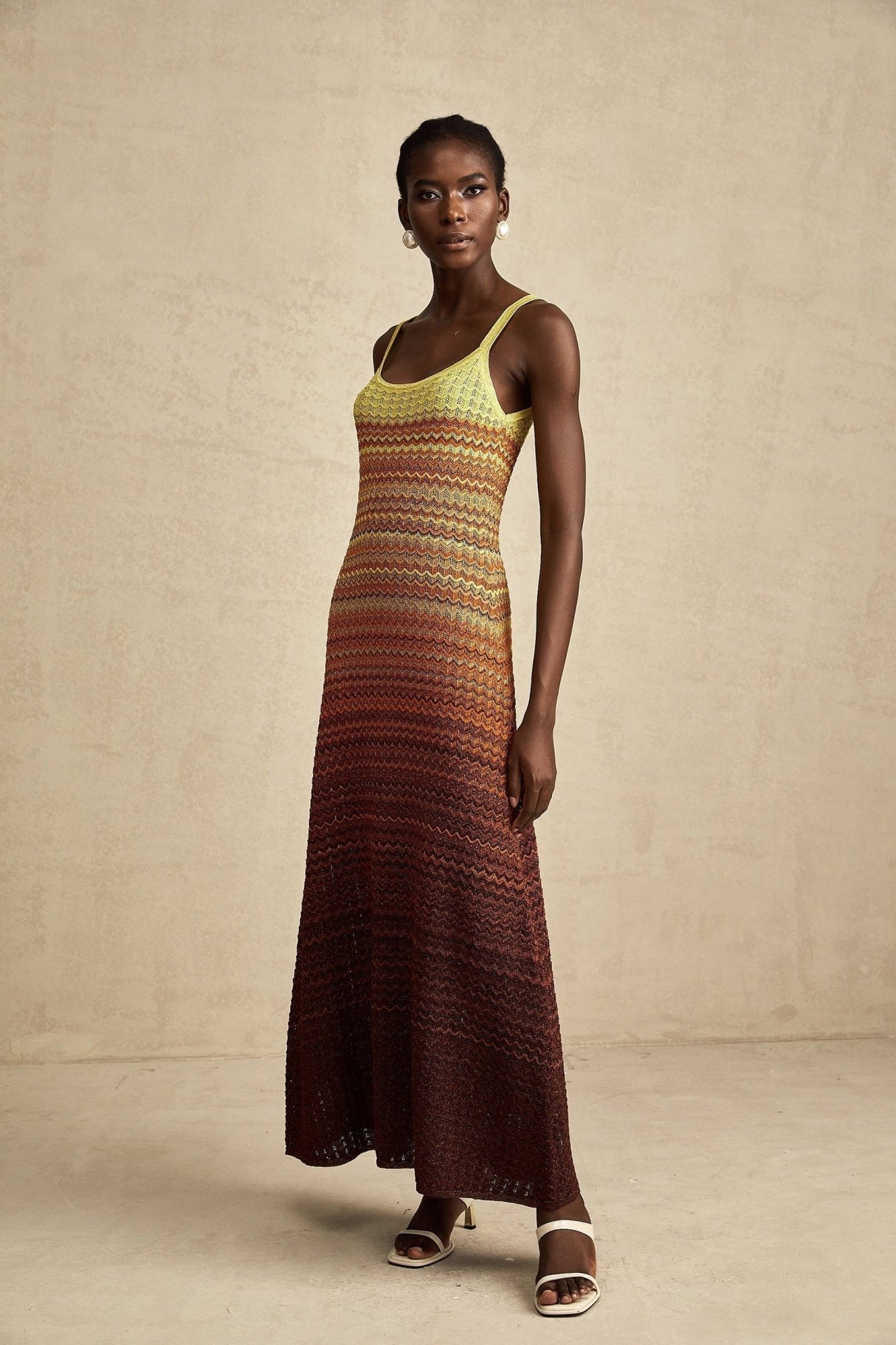 Martina Maxi Dress in Brown Gradient with Spaghetti Straps & Knitted Design