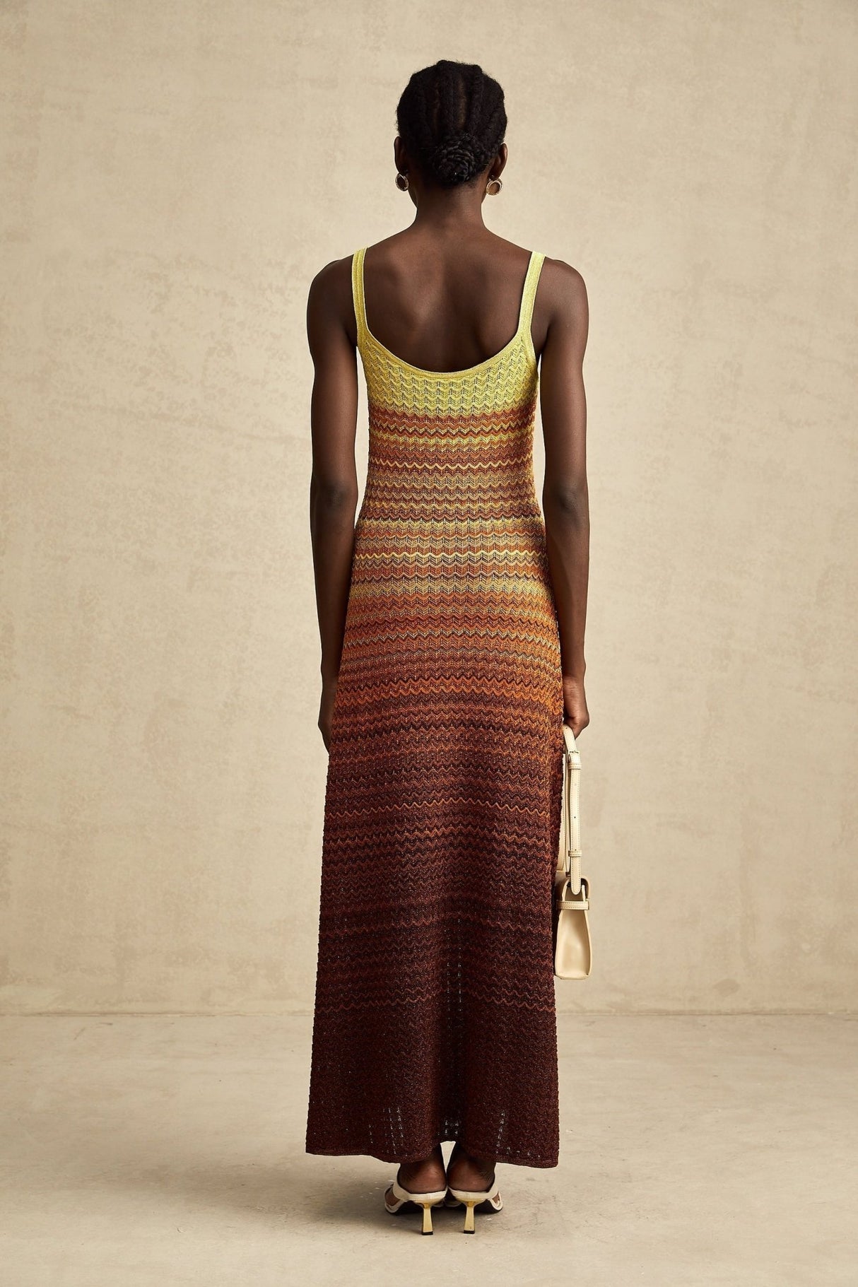 Martina Maxi Dress in Brown Gradient with Spaghetti Straps & Knitted Design