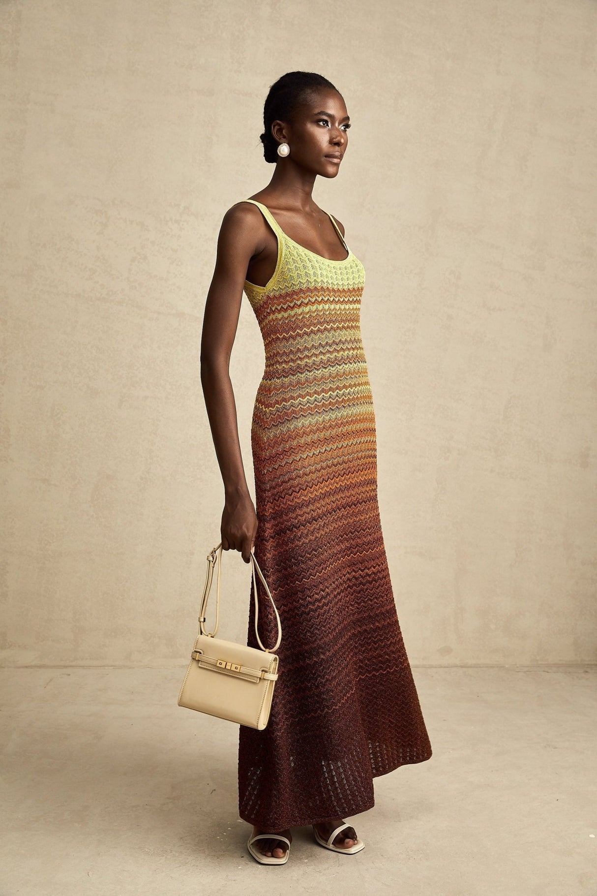 Martina Maxi Dress in Brown Gradient with Spaghetti Straps & Knitted Design