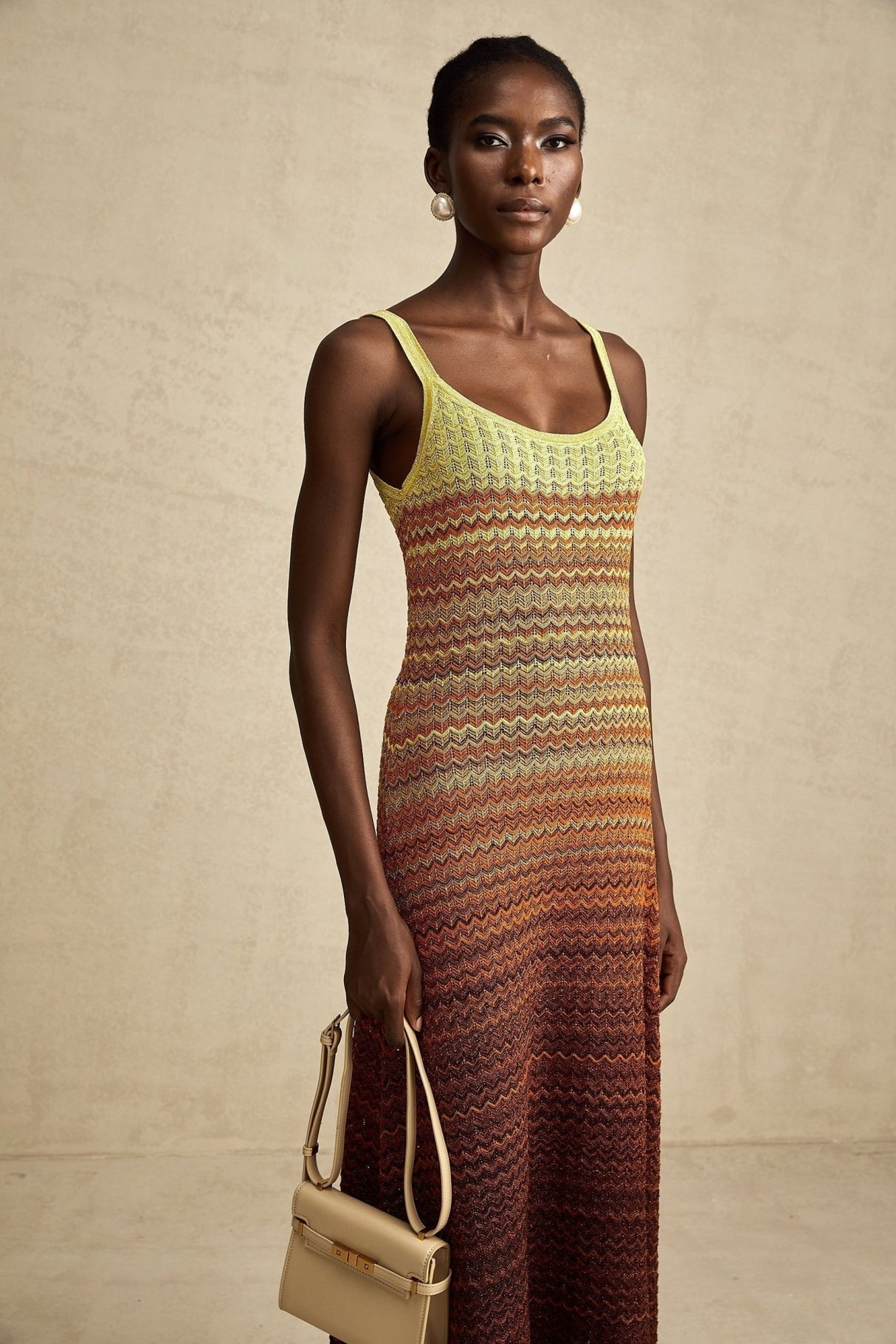 Martina Maxi Dress in Brown Gradient with Spaghetti Straps & Knitted Design