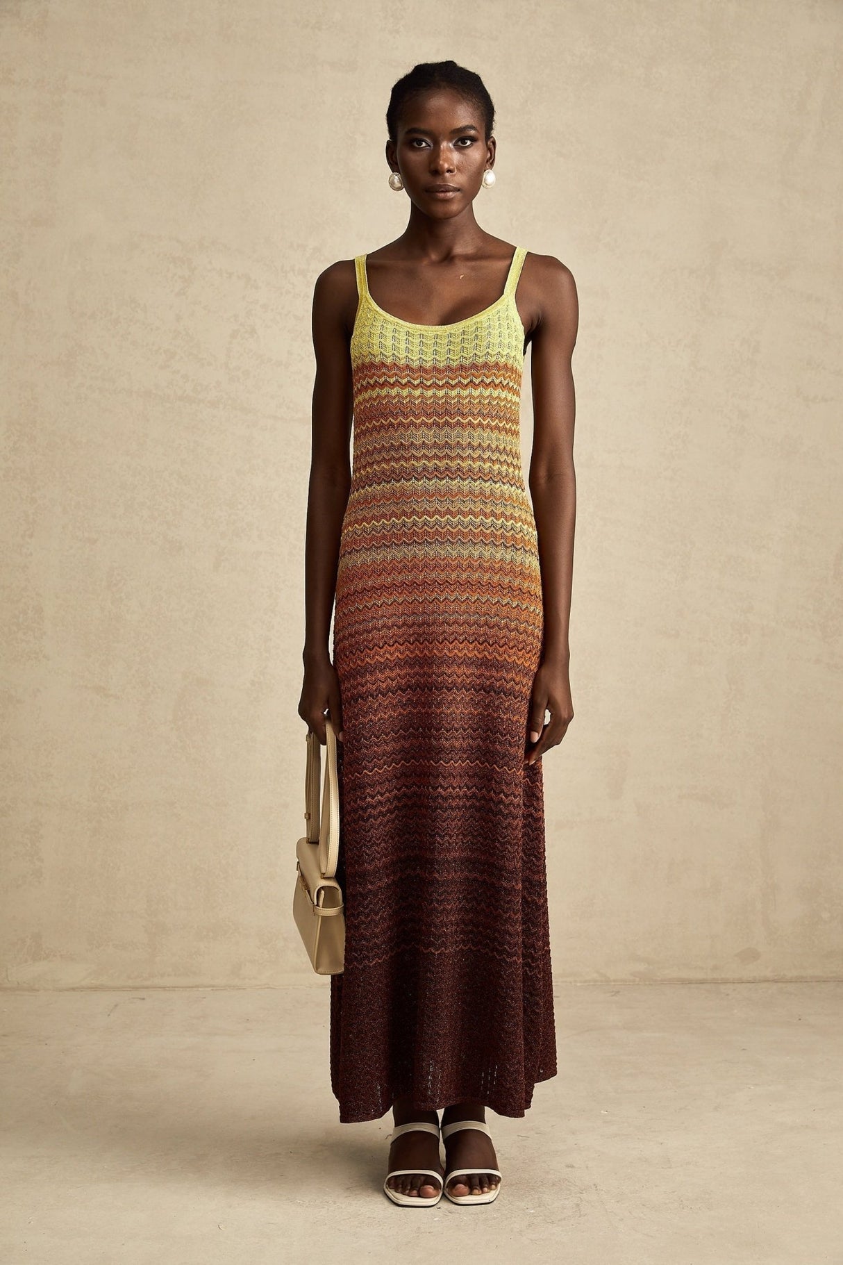 Martina Maxi Dress in Brown Gradient with Spaghetti Straps & Knitted Design