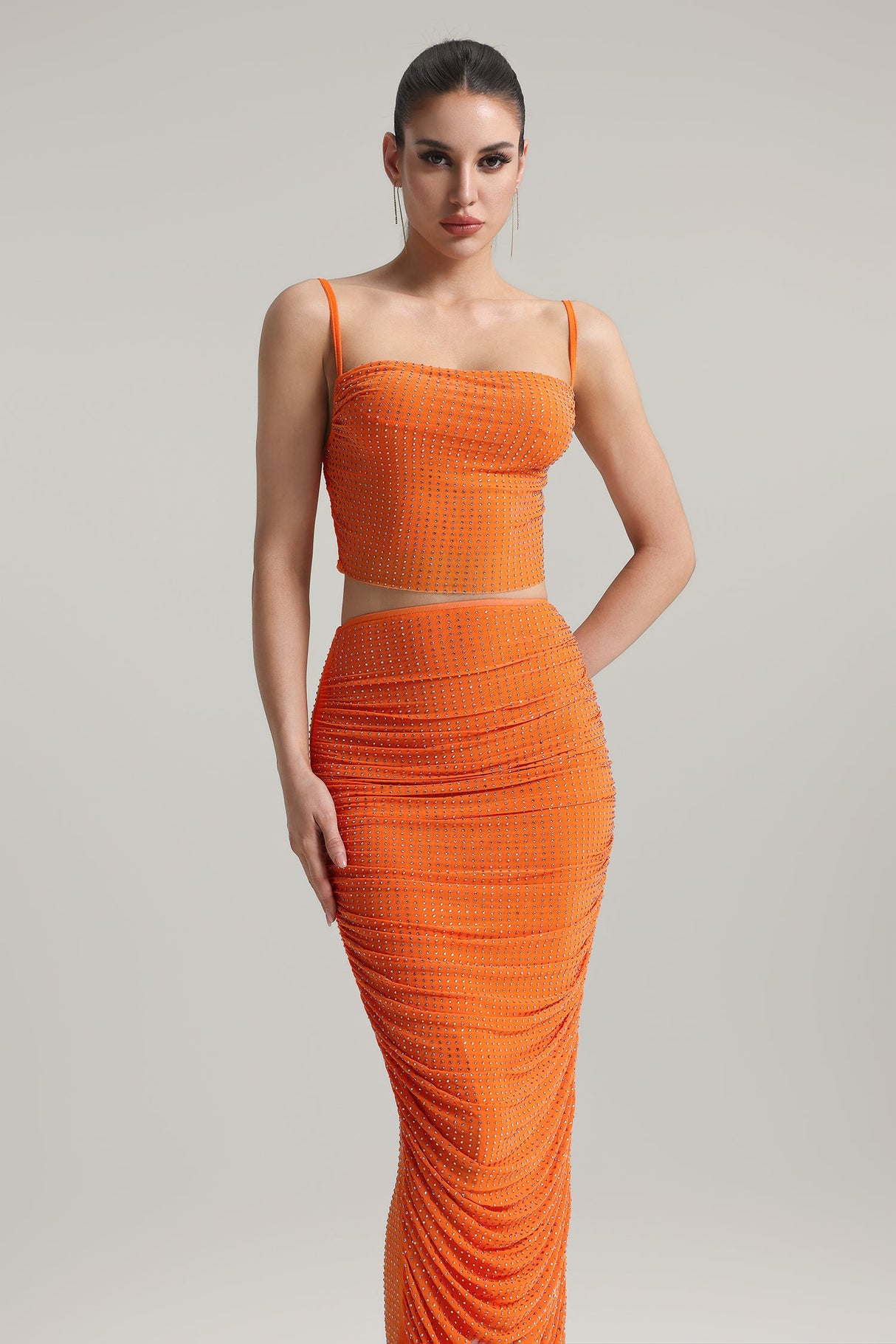 Martina Orange Two Piece Dress Set with Rhinestone Embellishments and Ruched Skirt